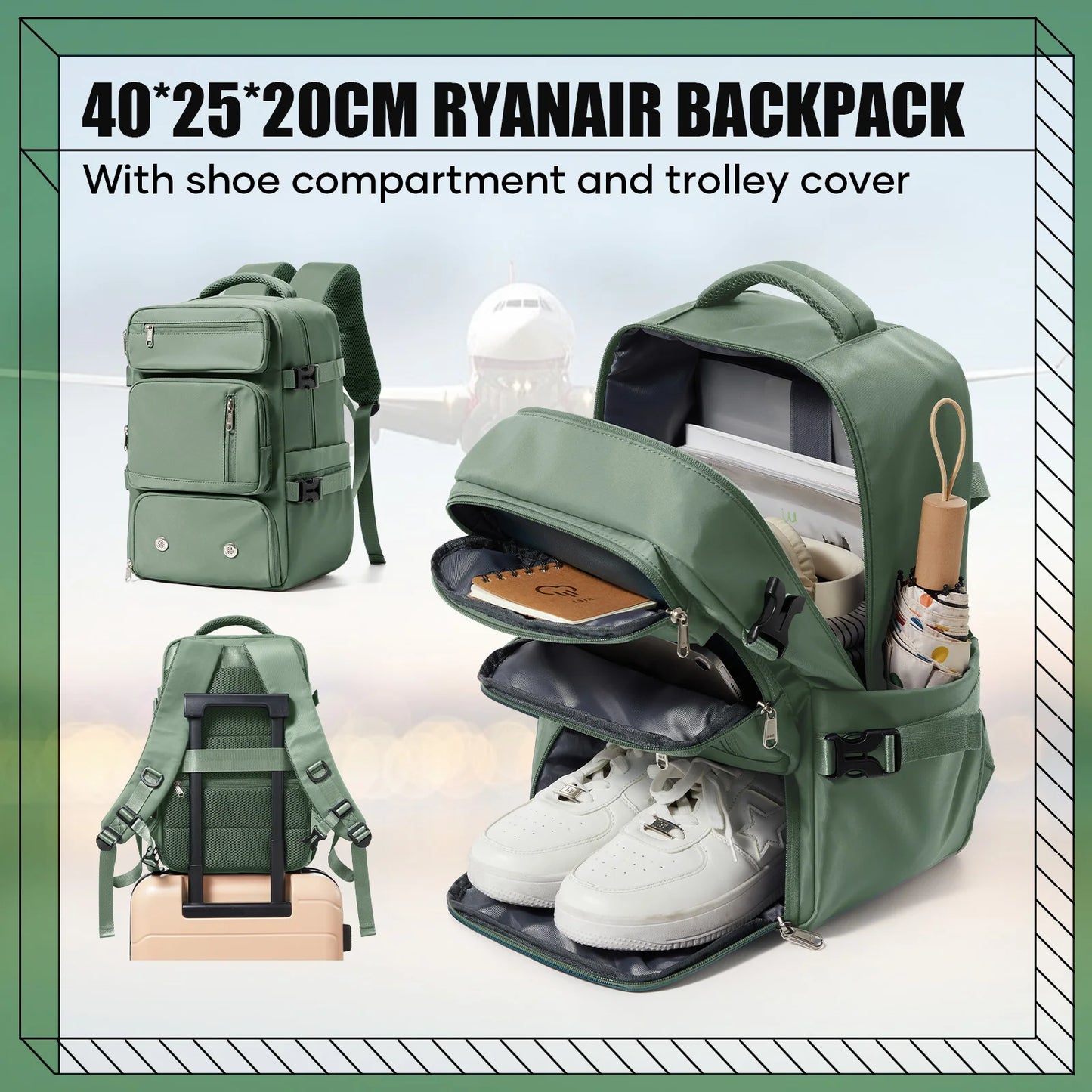 PERSONAL ITEM Travel Backpack with Shoe Storage - 40x20x25,Laptop Hand Luggage Bag