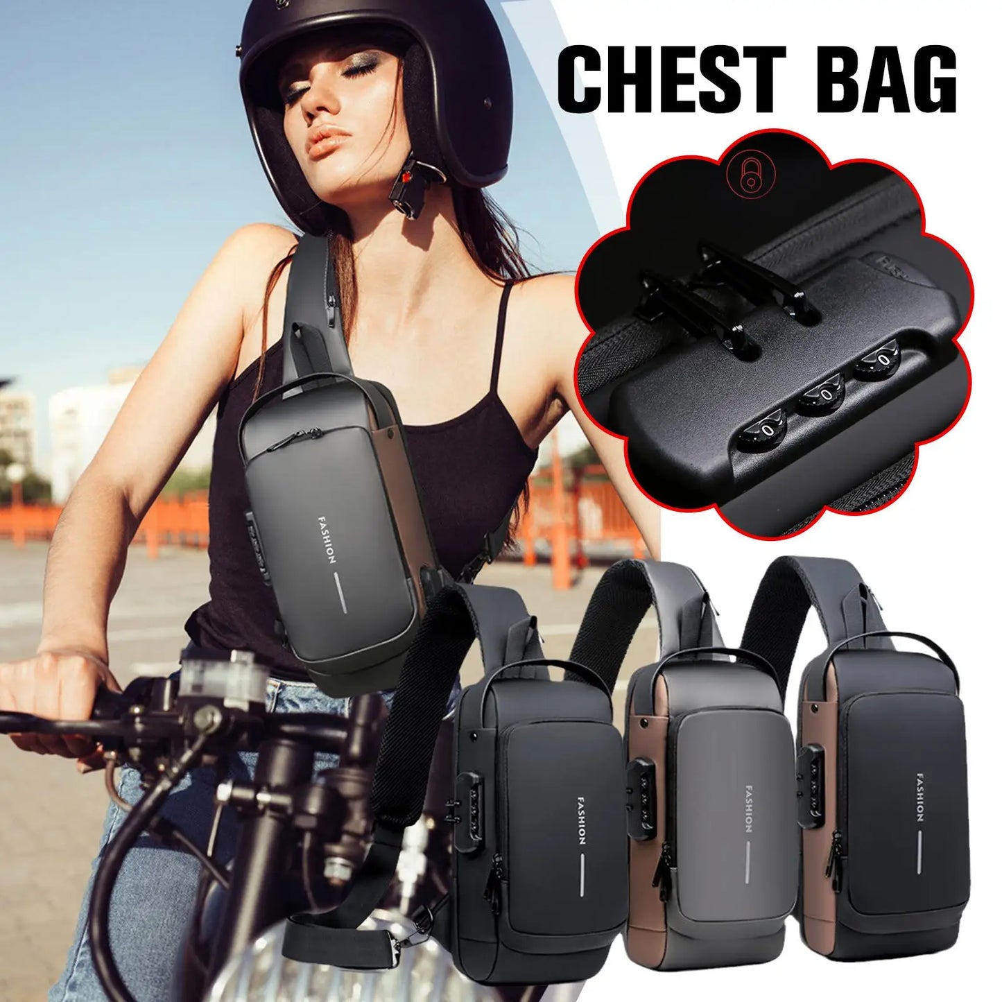 **New Men's Anti-theft  Crossbody Chest Zip Bag with USB Charging